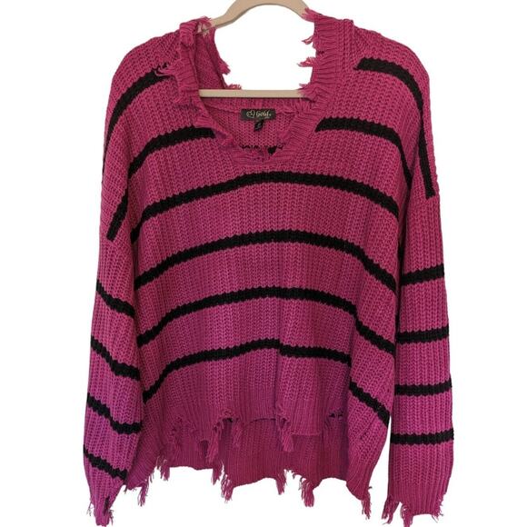 Womens 2X Black Pink Sweater Horizontal Striped Distressed Goth - Picture 1 of 11